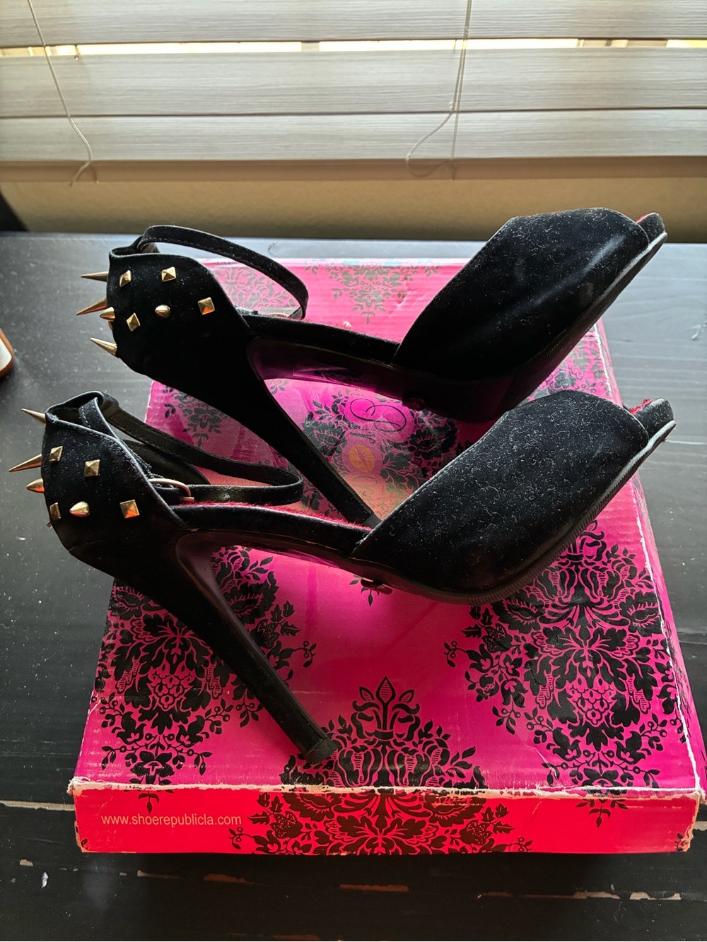 Promise Black Open-Toe High Heels with Gold Studs